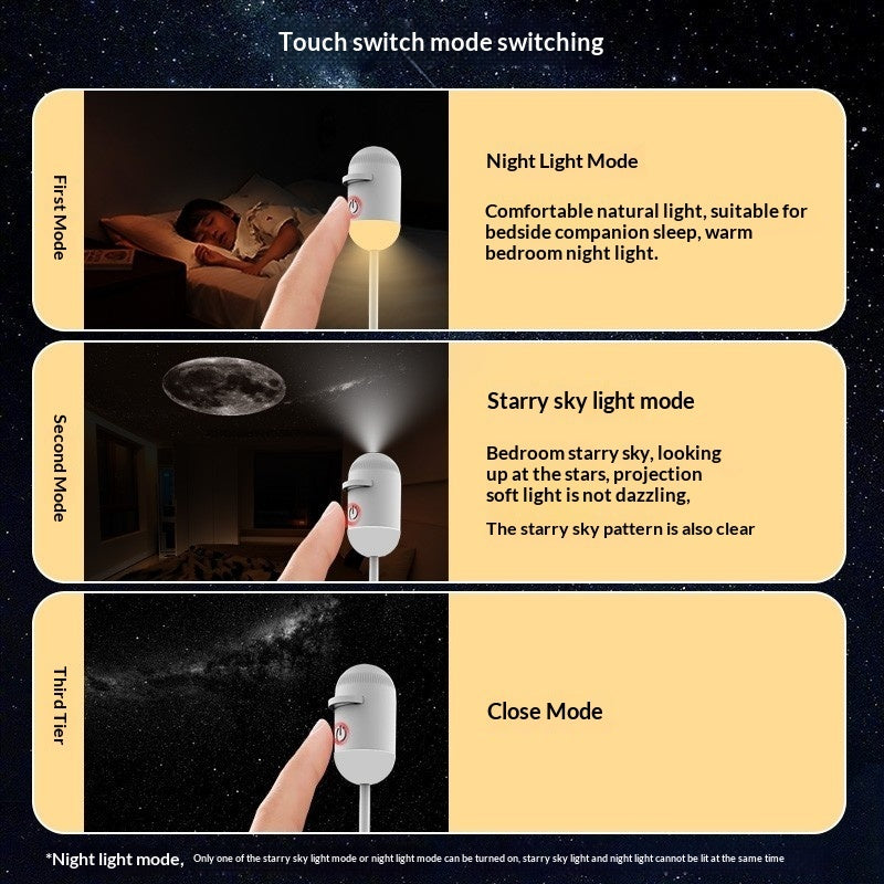 Illustration of a touch switch light with night light, starry sky, and close mode options.