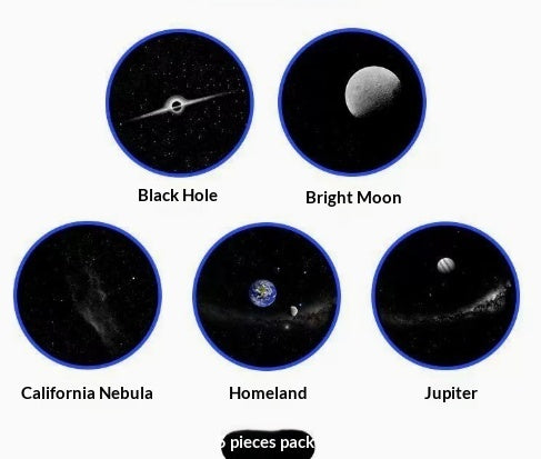 Collection of celestial objects including a black hole, bright moon, California Nebula, Homeland, and Jupiter.