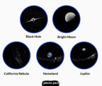 Collection of celestial objects including a black hole, bright moon, California Nebula, Homeland, and Jupiter.