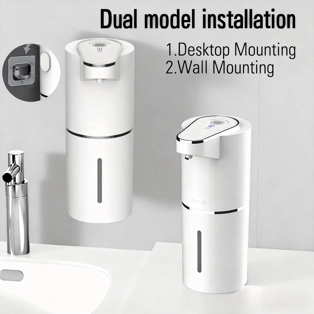 White soap dispenser with desktop and wall mounting options on a gray background