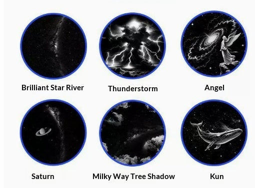 Six circular images labeled 'Brilliant Star River', 'Thunderstorm', 'Angel', 'Saturn', 'Milky Way Tree Shadow', and 'Kun' on a white background.