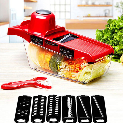 Multi-Function Vegetable Chopper & Shredder — 6-Blade Set with Container, Peeler & Hand Guard