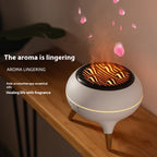 Aromatherapy diffuser emitting fragrance on a wooden surface with decorative elements.