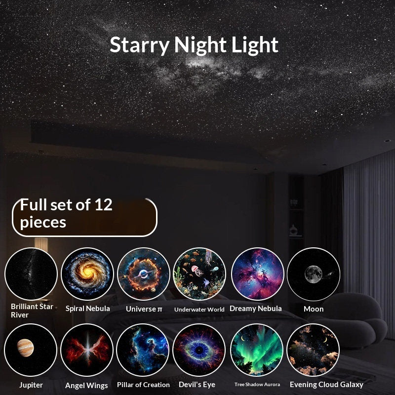 Starry night light projector with 12 different galaxy patterns on a ceiling.