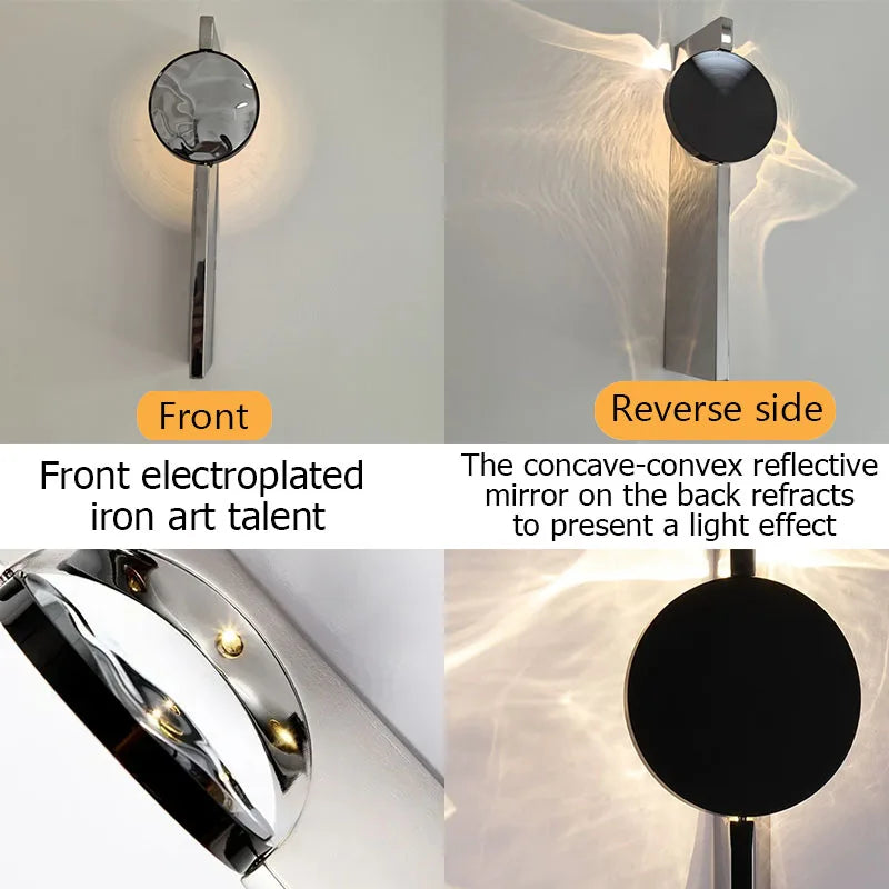 Wall-mounted light fixture with front and reverse side views on a gray background