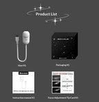 Product list with host, packaging, instruction manual, and focus adjustment tip card on a dark background.