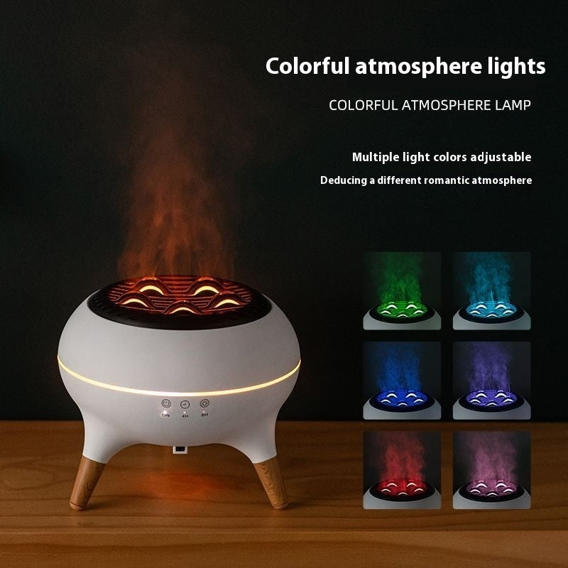 Colorful atmosphere lamp with flame effect on a wooden surface, showing multiple light color options.