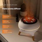 Flame aroma diffuser with simulated flame and colorful lights on a neutral background
