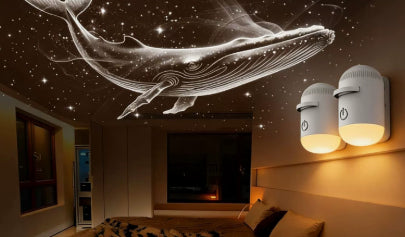 Whale design on ceiling with wall lights in a room